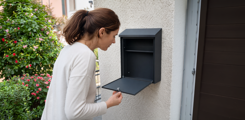 Frau schaut enttäuscht in leeren Briefkasten