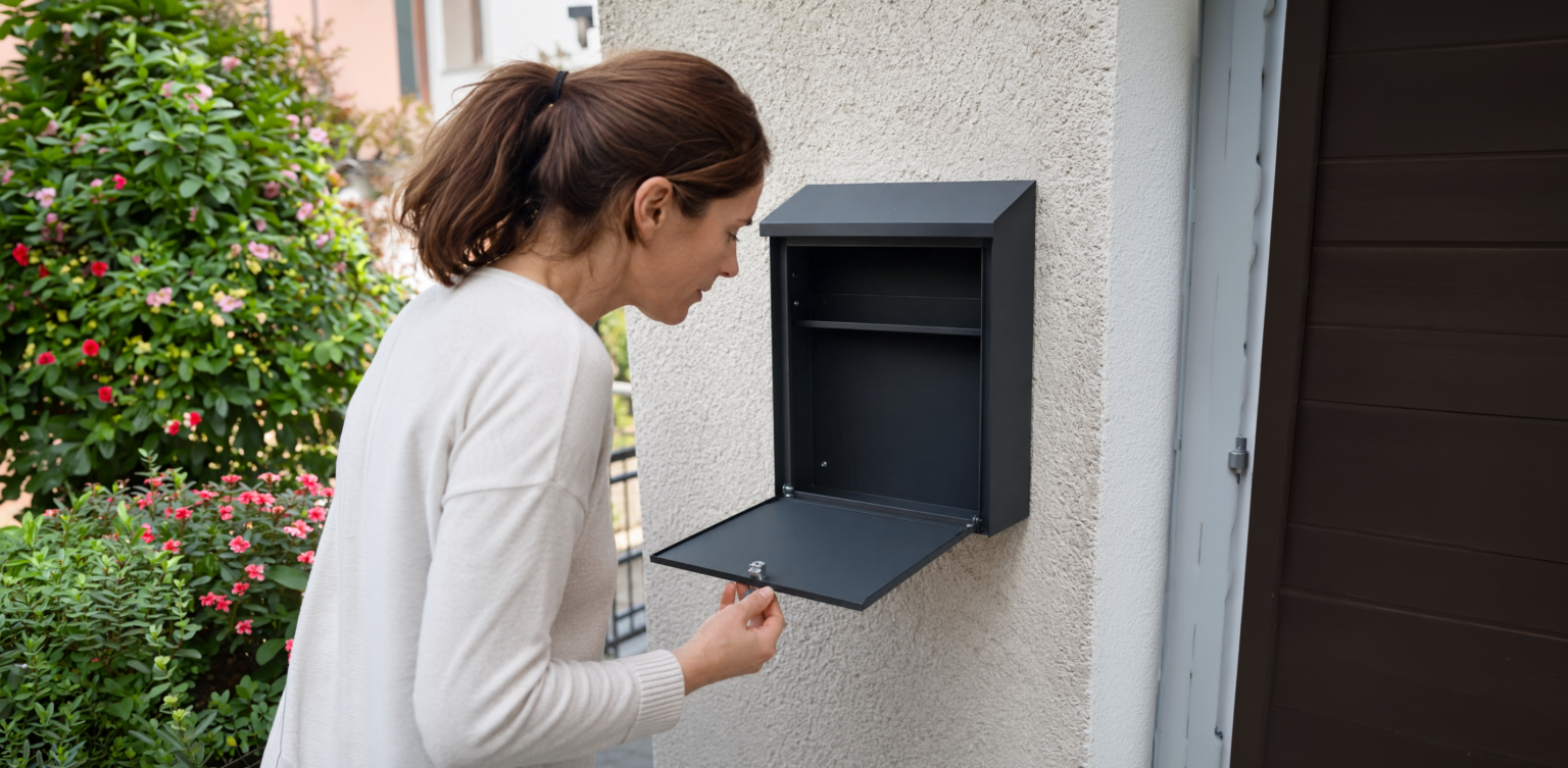 Frau schaut enttäuscht in leeren Briefkasten